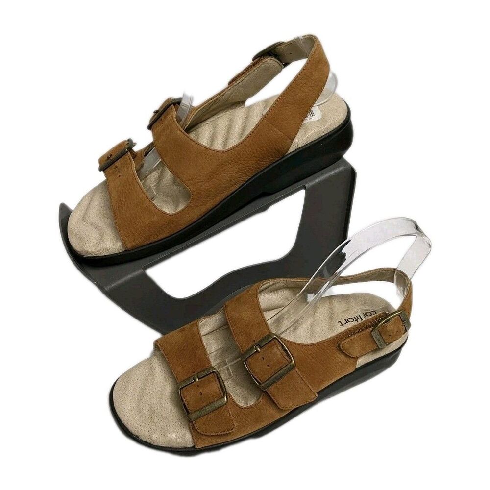 Strictly Comfort Sandals Women 8.5M Slingback Relax Tan Leather Buckles 8.5 M - Picture 2 of 15